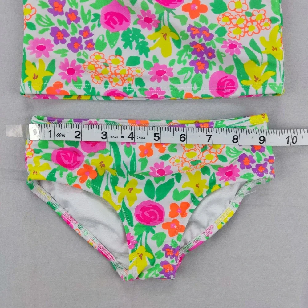 Cat & Jack Tankini Girls 4T Multicolor Floral Ruffle Pom Pom Two Piece Swimsuit